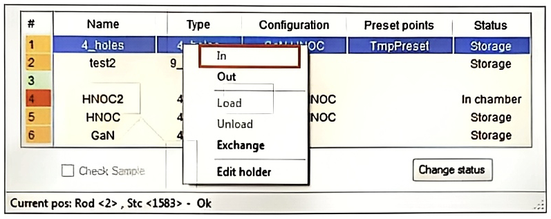 Sample holder panel with the right-click menu (In, Out, Load, Unload, Exchange, Edit holder)
