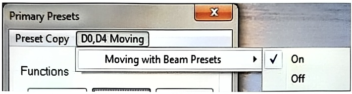 Primary Presets 面板，展开 Preset Copy 与 D0、D4 Moving 菜单