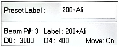 预设面板状态行：Preset Label 200+Ali、Beam P# 3、D0 3000、D4 400、Move On