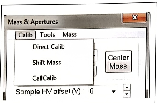 Mass & Apertures 面板打开 Calib 菜单（Direct Calib、Shift Mass、Call Calib）