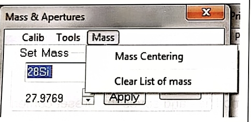 Mass & Apertures 面板打开 Mass 菜单（Mass Centering、Clear List of mass）