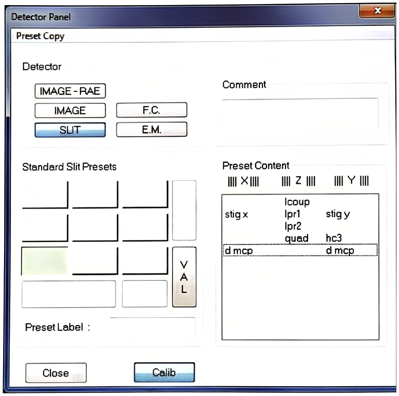 Detector Panel Standard Slit Presets
