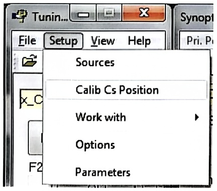 Tuning menu with the Setup menu opened and Calib Cs Position highlighted