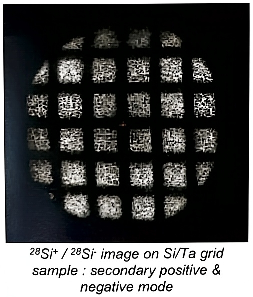 ²⁸ Si ⁺ / ²⁸ Si ⁻ image on Si/Ta grid sample : secondary positive & negative mode