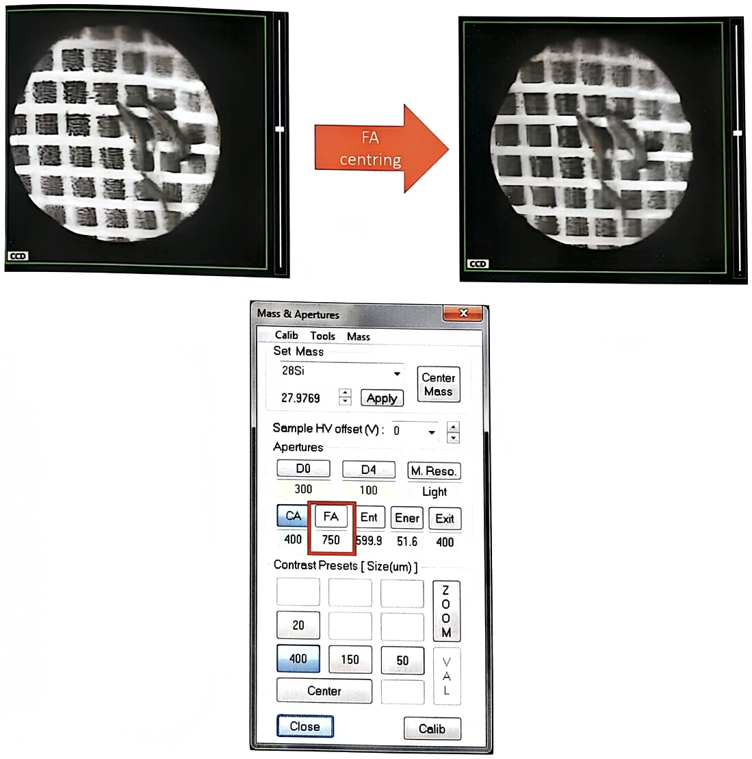 Two CCD images showing the FA centring before and after adjustment