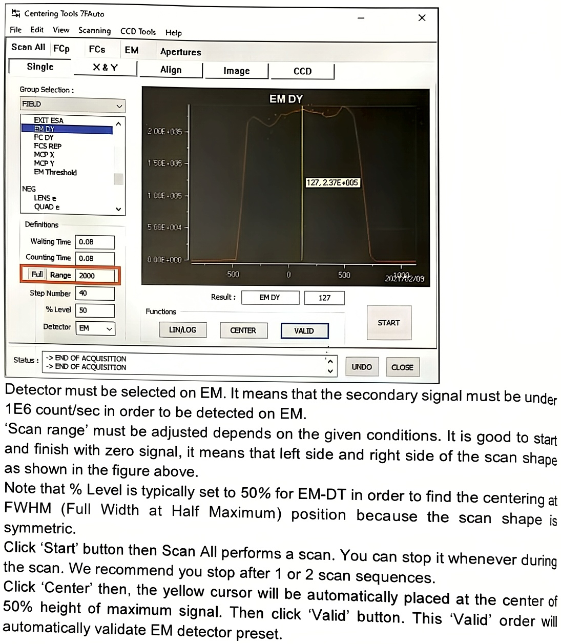 Scan All menu with Single / EM DY selected and the resulting EM-DY scan used for centering