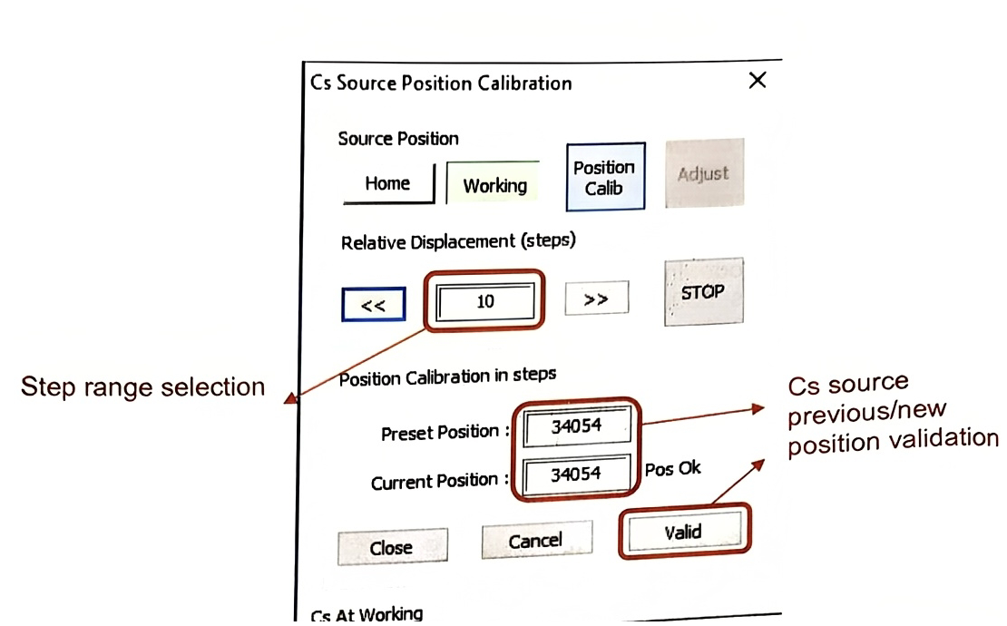 Tuning Setup menu with Cs Source Position Calibration selected and the calibration window