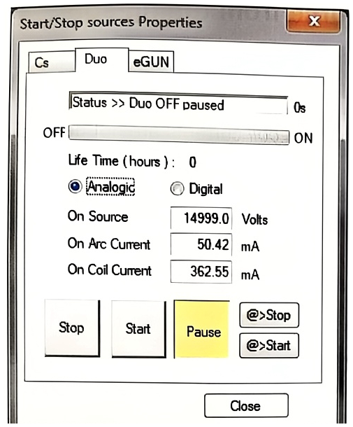 Start/Stop sources Properties panel on the Duo tab